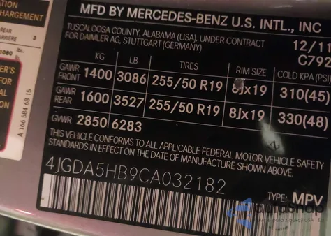 2012 Mercedes-Benz Ml 350 4Matic from USA, damaged, VIN 4JGDA5HB9CA032182